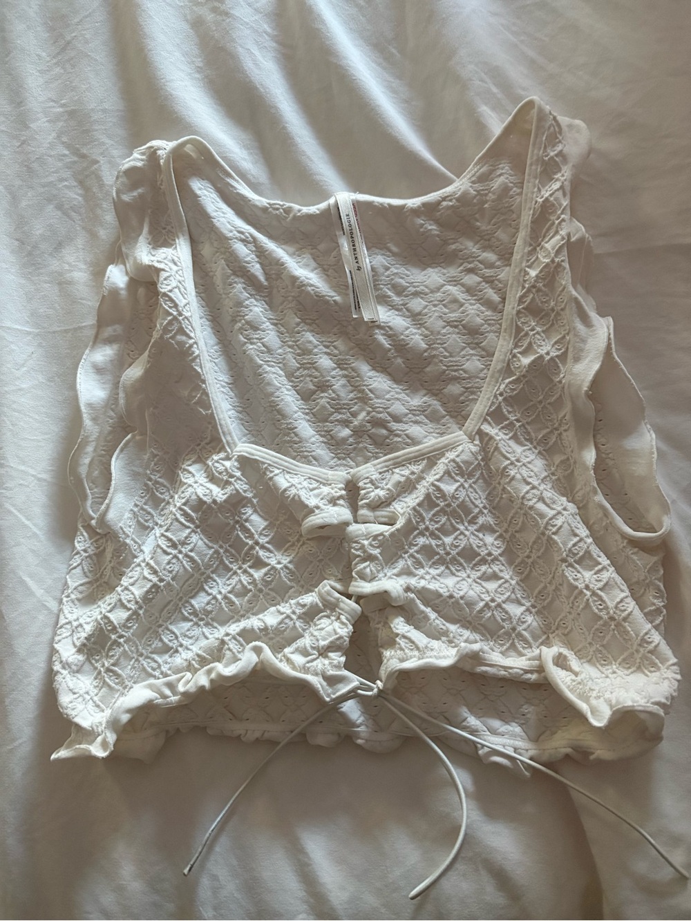 Anthropologie Cream Textured Lace Tank with Tie Detail